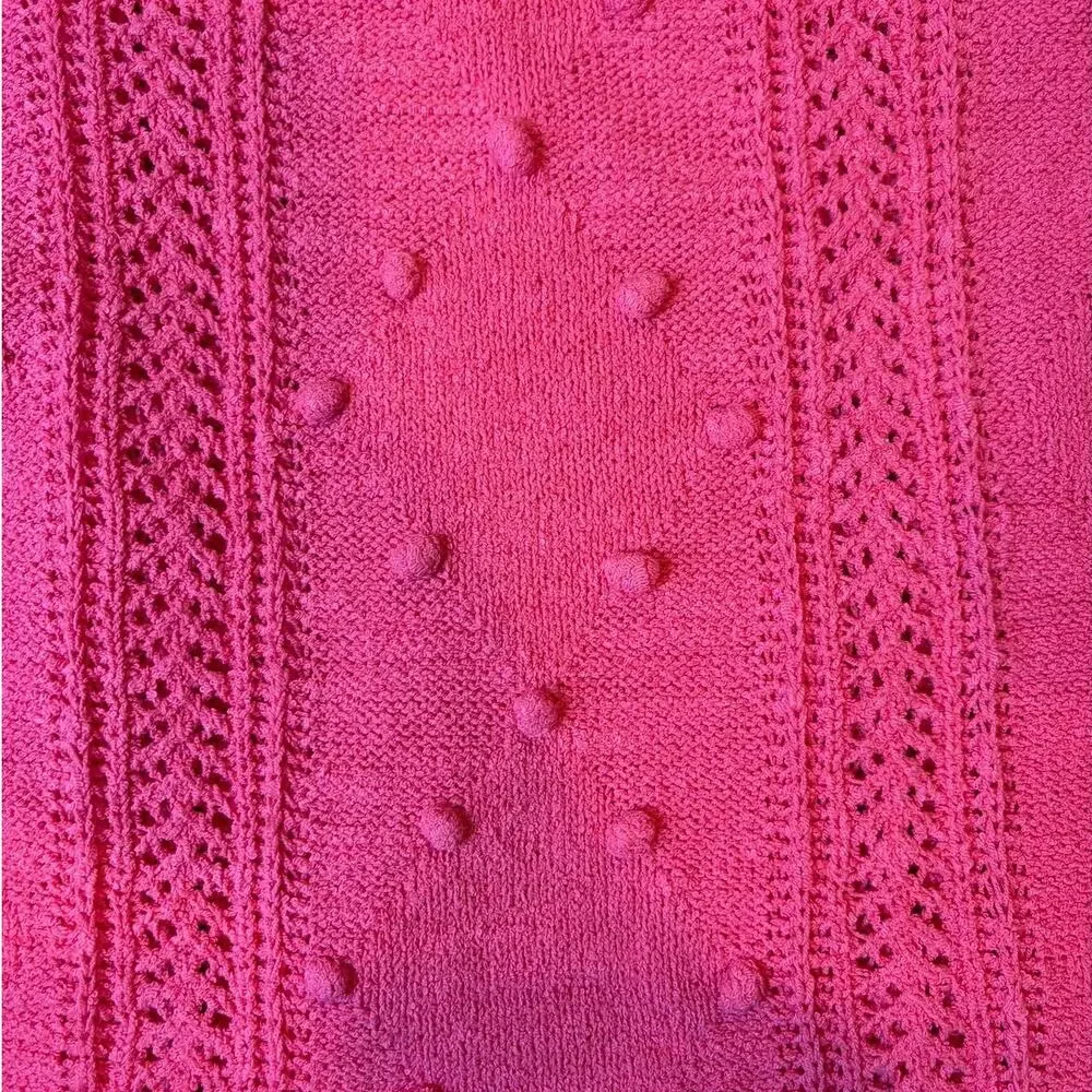 J. CREW Women's Short Sleeve Pointelle Sweater LARGE Pink Bobble Pom Open Knit